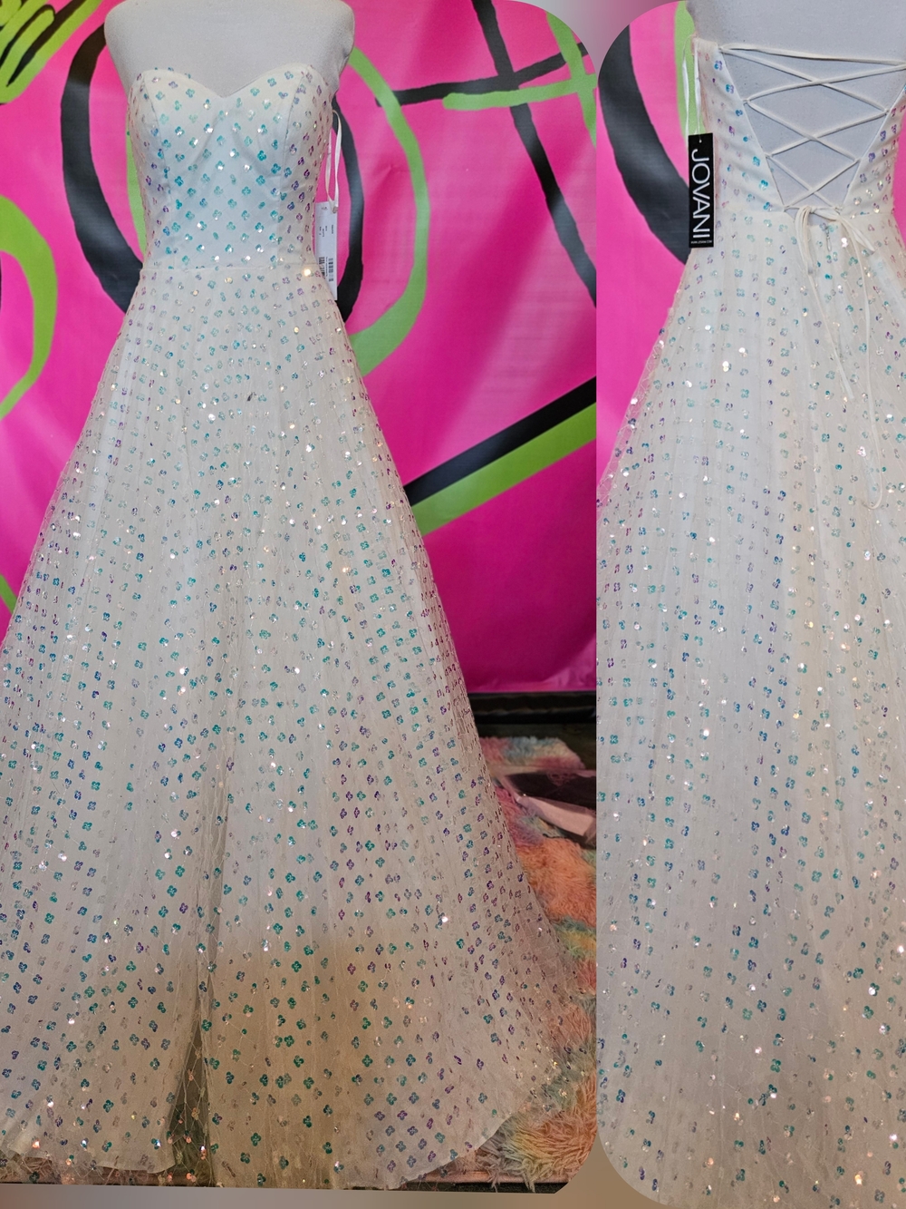 Jovani Ivory Iridescent Sequin Strapless Ball Gown
